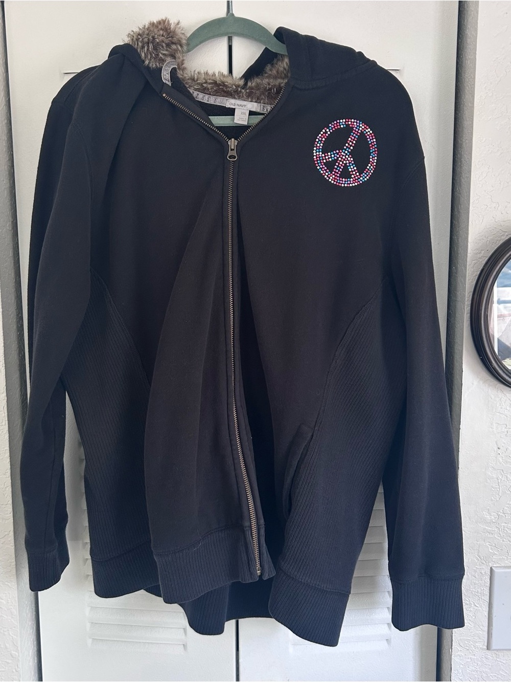 Old Navy Black Hoodie Sweater with Multicolor Peace Sign